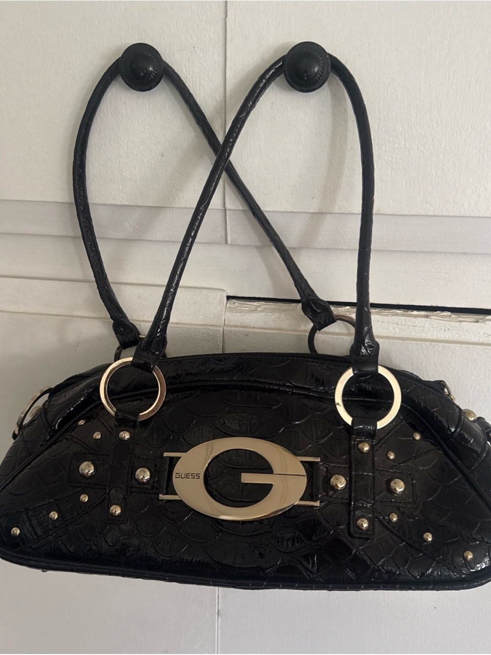 Guess Black Patent Shoulder Bag with Gold Accents